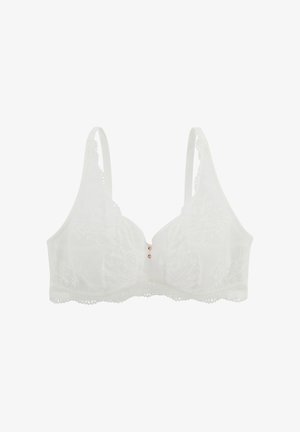 Soutien-gorge en dentelle blanche avec bretelles ajustables, broderie florale et petits boutons décoratifs en or rose au centre avant.
