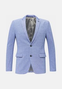 Light blue blazer with a textured fabric, single-breasted design, two front pockets, and a satin gray interior lining. Two buttons visible.