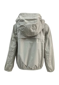 Giacca leggera con cappuccio in grigio chiaro, dotata di polsini elasticizzati e orlo con coulisse. Texture liscia e lucida con un design semplice.