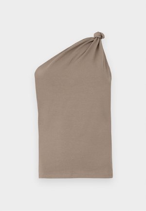 Asymmetrisches braunes Oberteil aus weichem Stoff, ausgestattet mit einem geknoteten Schulterdetail, einer glatten Textur und einem einärmeligen Design.