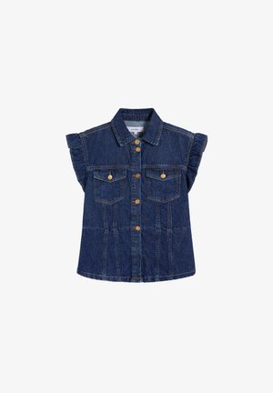 Chaleco sin mangas de denim azul oscuro con botones delanteros, dos bolsillos con solapa y botones en el pecho, y aberturas con volantes en los brazos.