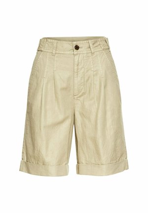 Beige linnen shorts met een hoge taille, voorzien van plooien, opgerolde boorden en een bruine knoopsluiting aan de voorkant. Soepele textuur.