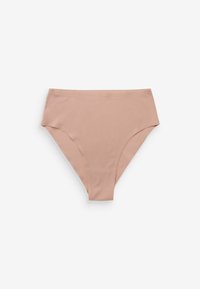 Sima anyagból készült, bézs színű, magas derekú bikini alsó, amely varrás nélküli kialakítással rendelkezik, és nincsenek látható fémrészei vagy mintái.
