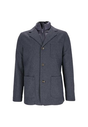 Men's dark gray wool blend jacket with a button front, two front pockets, and a zippered padded collar, featuring a herringbone texture.