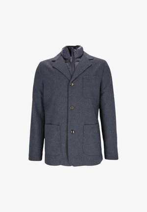 Herrenjacke aus dunkelgrauem Wollmischgewebe mit Knopfverschluss, zwei Vorderaschen und einem gefütterten Kragen mit Reißverschluss, ausgestattet mit einem Fischgrätmuster.