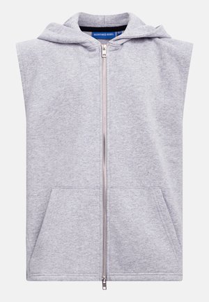 Ανοιχτό γκρι αμάνικο φούτερ με φερμουάρ, μπροστινή τσέπη καγκουρό και ενσωματωμένη κουκούλα, κατασκευασμένο από απαλό ύφασμα.