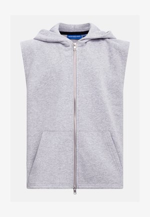 Ανοιχτό γκρι αμάνικο φούτερ με φερμουάρ, μπροστινή τσέπη καγκουρό και ενσωματωμένη κουκούλα, κατασκευασμένο από απαλό ύφασμα.