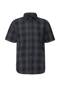 Kortärmad svart rutig skjorta med krage som knäpps, slät textur och subtil mönstring. Perfekt för avslappnad klädsel.