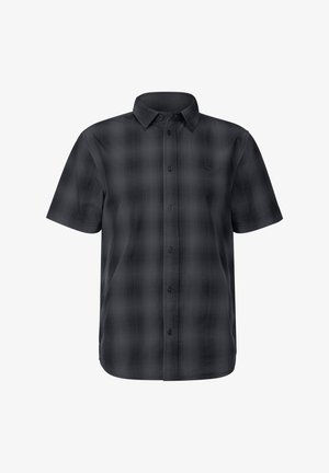 Chemise à carreaux noire à manches courtes avec un col boutonné, texture lisse et motif subtil. Idéale pour une tenue décontractée.