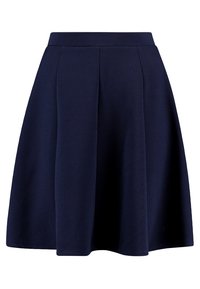 Marinblå kjol i texturerad tyg, med en utsvängd form, vertikala veck och en åtsittande midja.