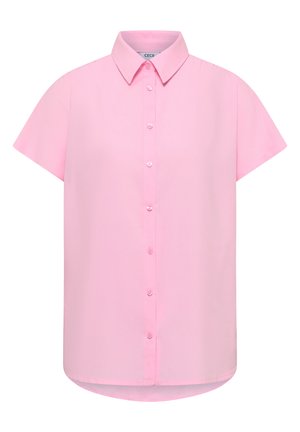 Jasnoróżowa, krótka bluzka z guzikami, z kołnierzykiem w szpic i lekko zaokrąglonym dołem.