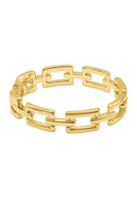 Il bracciale in tonalità oro presenta forme rettangolari collegate con finitura lucida. Texture liscia, chiusura sicura a fermaglio, design geometrico moderno.