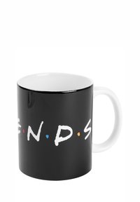 Tazza in ceramica nera con testo bianco che scrive "E.N.D.S" e piccoli punti colorati. Presenta una forma arrotondata e un manico bianco.