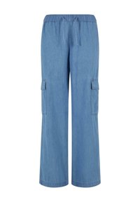 Světle modré pracovní kalhoty s elastickým pasem a stahovací šňůrkou. Obsahují dvě boční kapsy s klopami. Měkký denimu materiál.