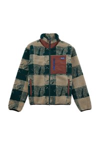 Fleece jacket with a green and beige checkered pattern, brown accents, zip front, high collar, and one chest pocket. Textured fabric.