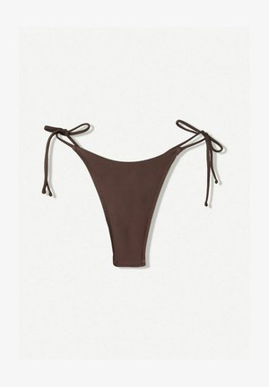 Brown bikini bottom featuring thin tie-side straps, a minimalistic design, and a high-cut leg for a sleek silhouette.