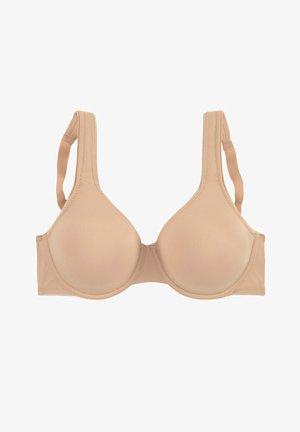 Beige underwire bra with smooth, soft fabric. Molded cups, wide adjustable straps, and flat seams for comfort and support.