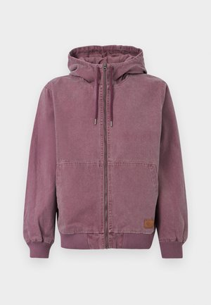 Unisex støvete fiolett hettegenser med glidelås, snøring i hetta, frontlommer, ribbestrikkede mansjetter og linning, vist på en ensfarget bakgrunn.