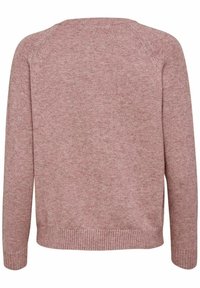 Pull en tricot rose avec un design à manches raglan, poignets et ourlet côtelés, texture lisse et col rond classique. Vue de dos unie, sans motifs.