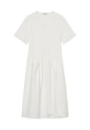 White, short-sleeve dress made of textured fabric. Features a deep V-neck, button closure, and two front pockets with gathered skirt.