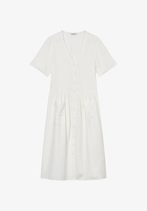 White, short-sleeve dress made of textured fabric. Features a deep V-neck, button closure, and two front pockets with gathered skirt.