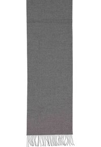 Sciarpa in lana grigia con una texture morbida, caratterizzata da lunghe frange sul fondo e un logo discreto nell'angolo. Design semplice e rettangolare.