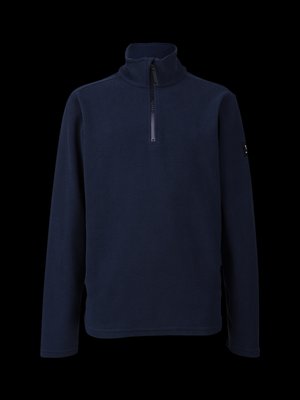 Pullover in pile di colore blu navy con maniche lunghe e colletto con zip a un quarto, esposto su uno sfondo nero.