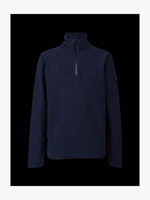 Tamsiai mėlynas pūkuotas megztinis su ilgomis rankovėmis ir ketvirtos dalies užtrauktuku, pristatytas prieš juodą foną.