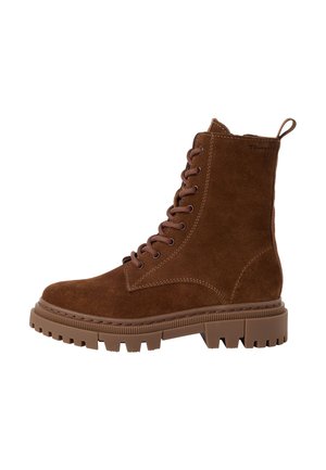 Brown suede lace-up ankle boot with thick rubber sole and pull tab at the back, shown in side profile.