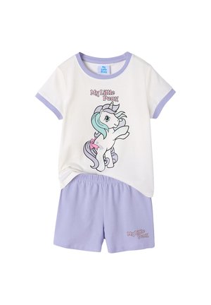 Zweiteiliger Kinder-Pyjama mit weißem Oberteil, das eine pastellfarbene My Little Pony-Grafik und lavendelfarbene Einsätze zeigt, kombiniert mit lavendelfarbenen Shorts mit elastischem Bund.