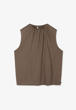 Top marrón sin mangas con escote fruncido y corte suelto, mostrado plano sobre un fondo blanco.