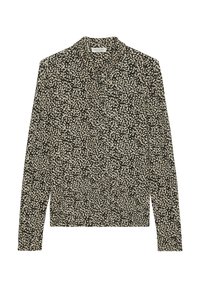 Blusa a maniche lunghe con un motivo maculato in nero e crema, caratterizzata da un colletto e un tessuto morbido e texturizzato.