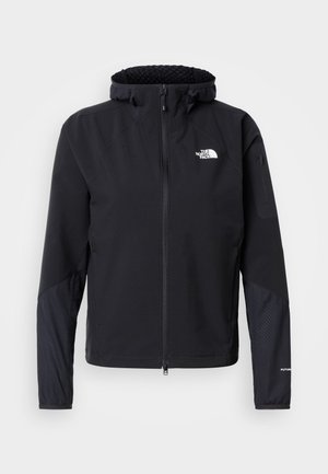 Czarna kurtka z zamkiem błyskawicznym i kapturem, z długimi rękawami, logo The North Face na piersi, mała kieszeń na zamek na lewym rękawie oraz teksturowane detale materiału.