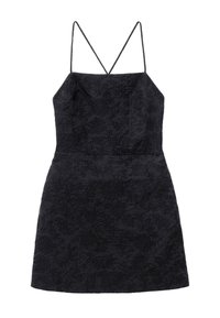 Robe noire sans manches avec fines bretelles spaghetti et motif floral texturé, ajustée à la taille et légèrement évasée à la jupe.