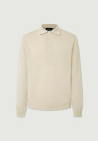 Beige Langarm-Poloshirt aus weichem Stoff, mit klassischem Kragen, vier Knopfleiste und gerippten Bündchen und Saum.