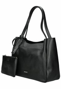 Borsa tote in pelle nera con manici doppi, presenta una finitura testurizzata e una piccola pochette rimovibile. Design semplice con minime rifiniture in metallo.