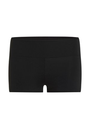 Shorts en tissu stretch noir avec une texture lisse, une taille mi-haute et une coupe droite au niveau des ouvertures des jambes. Pas de coutures ni de motifs visibles.