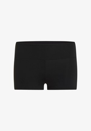 Shorts en tissu stretch noir avec une texture lisse, une taille mi-haute et une coupe droite au niveau des ouvertures des jambes. Pas de coutures ni de motifs visibles.