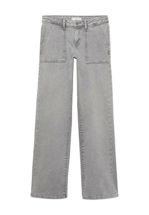 Grå denim byxor med vida ben och hög midja, med två framfickor och rena nederkanter för en strukturerad passform.