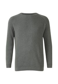 Szary prążkowany sweter z długimi rękawami i okrągłym dekoltem, charakteryzujący się miękką fakturą i dopasowanym dołem. Bez widocznych logo czy wzorów.