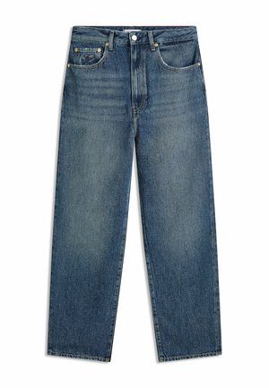 Jean denim bleu à coupe droite avec cinq poches, passants pour ceinture, fermeture par bouton, et légère décoloration sur les cuisses et les genoux.