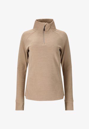 Beige langærmet pullover med høj krave og halv-lynlås. Har raglanærmer og en glat, blød tekstur.