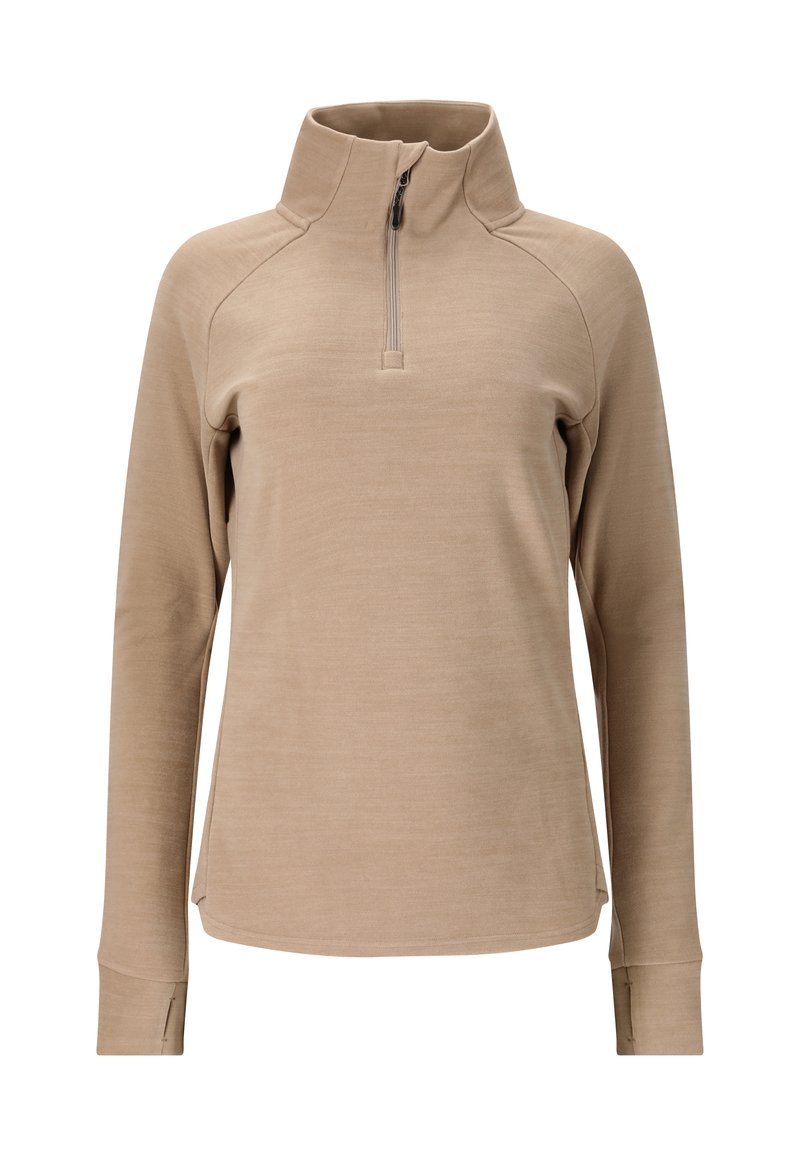 Beige lange mouw pullover met een hoge kraag en een half rits sluiting. Heeft raglanmouwen en een gladde, zachte textuur.