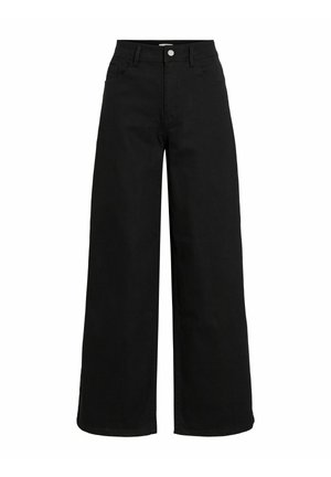 Svarte vidbente jeans laget av denim. Har høy midje, fem-lommers design og sølvfarget knappelukking. Jevn tekstur uten mønster.