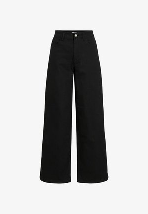 Schwarze Jeans mit weitem Bein aus Denim. Verfügt über eine hohe Taille, ein Fünf-Taschen-Design und einen silbernen Knopfverschluss. Glatte Textur ohne Muster.