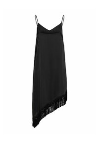 Robe nuisette noire à fines bretelles, encolure en V et ourlet asymétrique à franges sur fond blanc.