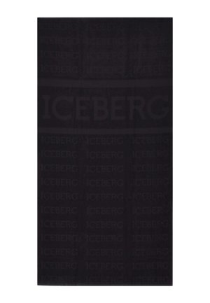 Tessuto nero con motivo di testo "ICEBERG" ripetuto e tenue e una fascia orizzontale audace con il logo "ICEBERG" al centro.