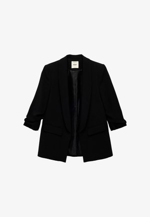 Schwarzer Blazer aus strukturiertem Stoff, mit Reverskragen, Drei-Viertel-Ärmeln, zwei Fronttaschen und einem glatten Innenfutter.