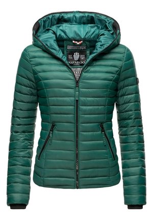 Green quilted women's puffer jacket with hood, full front zipper, zippered side pockets, and black ribbed cuffs.