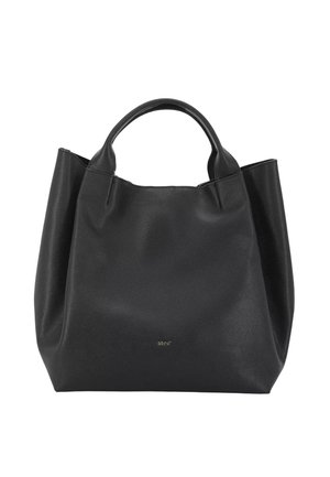 Black leather tote bag with two short handles, soft texture, and a slight sheen. Features a simple design and subtle branding on the front.